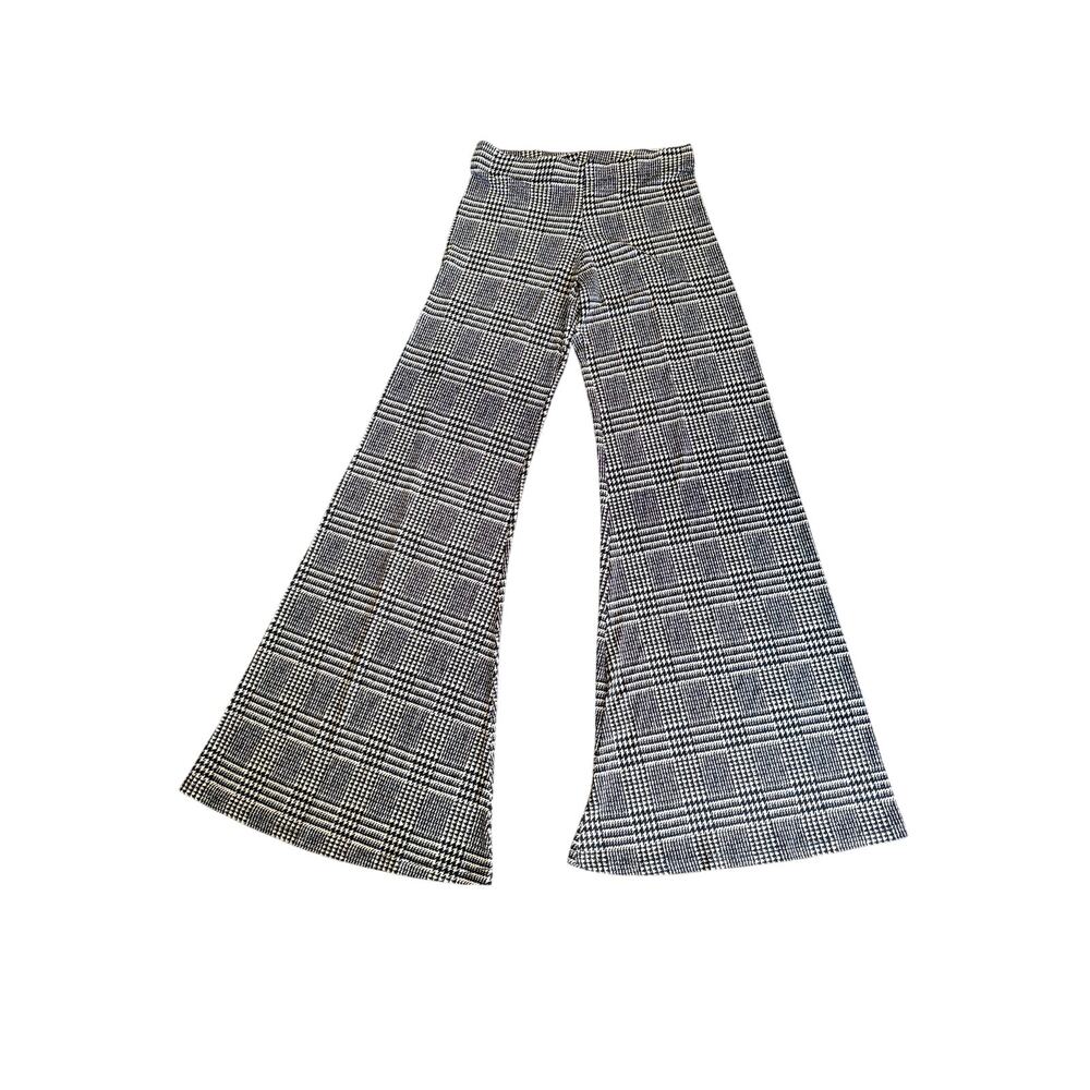 veronica m womens Stretch Wide Leg Pants black cream plaid waistband palazzo xs